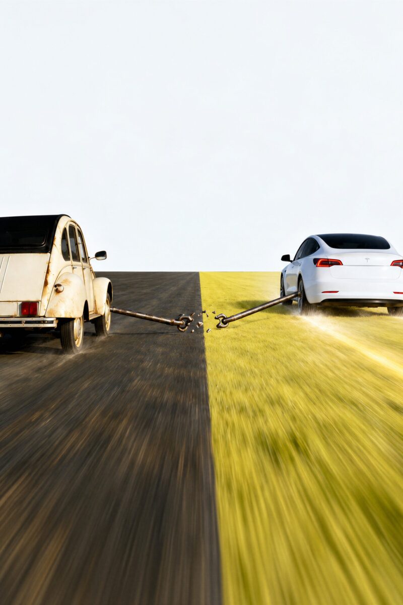 Une vieille Citroën 2CV polluante et une Tesla électrique séparées par une chaîne brisée sur une route bicolore.