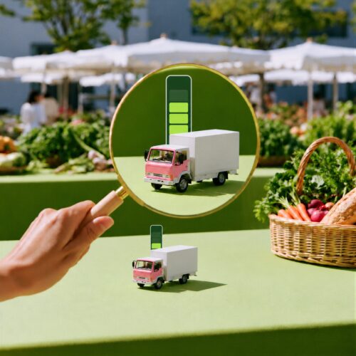 Loupe grossissant un camion de livraison miniature électrique et sa jauge de batterie verte sur une table de marché.