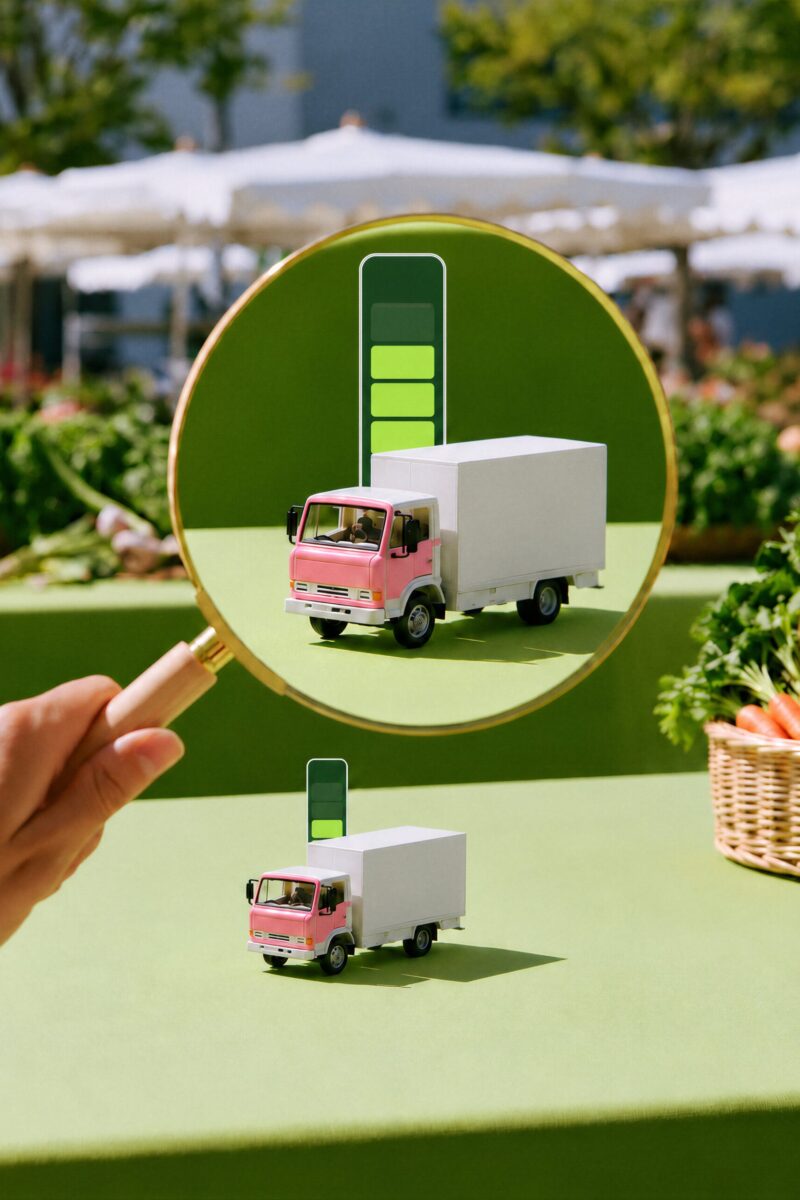 Camion de livraison électrique miniature Loupe grossissant un camion de livraison miniature électrique et sa jauge de batterie verte sur une table de marché.