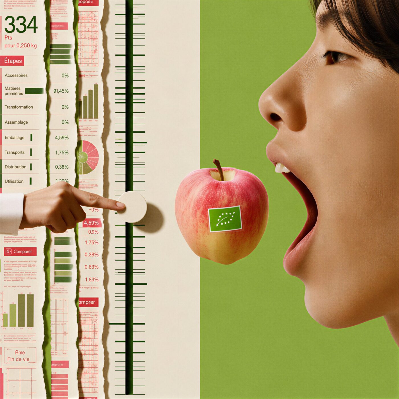 Profil d'une personne ouvrant grand la bouche devant une pomme bio, à côté d'une infographie sur l'impact écologique.