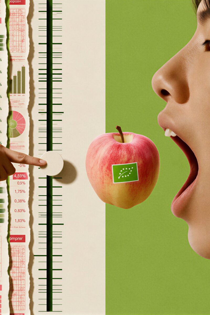 Profil d'une personne ouvrant grand la bouche devant une pomme bio, à côté d'une infographie sur l'impact écologique.