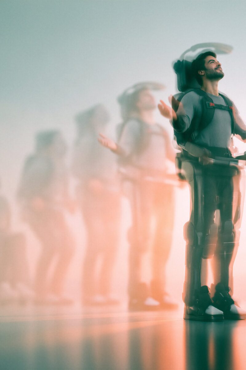 Homme debout souriant équipé d'un exosquelette médical, avec en arrière-plan la transition depuis un fauteuil roulant.