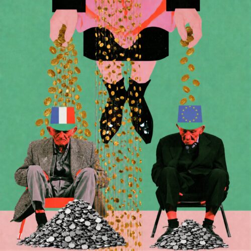 Collage surréaliste montrant une silhouette versant une pluie de pièces dorées sur deux personnes âgées assises