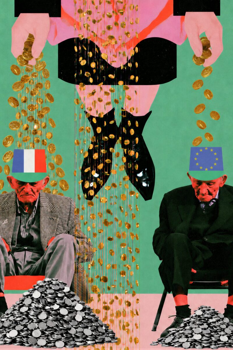 Collage surréaliste montrant une silhouette versant une pluie de pièces dorées sur deux personnes âgées assises