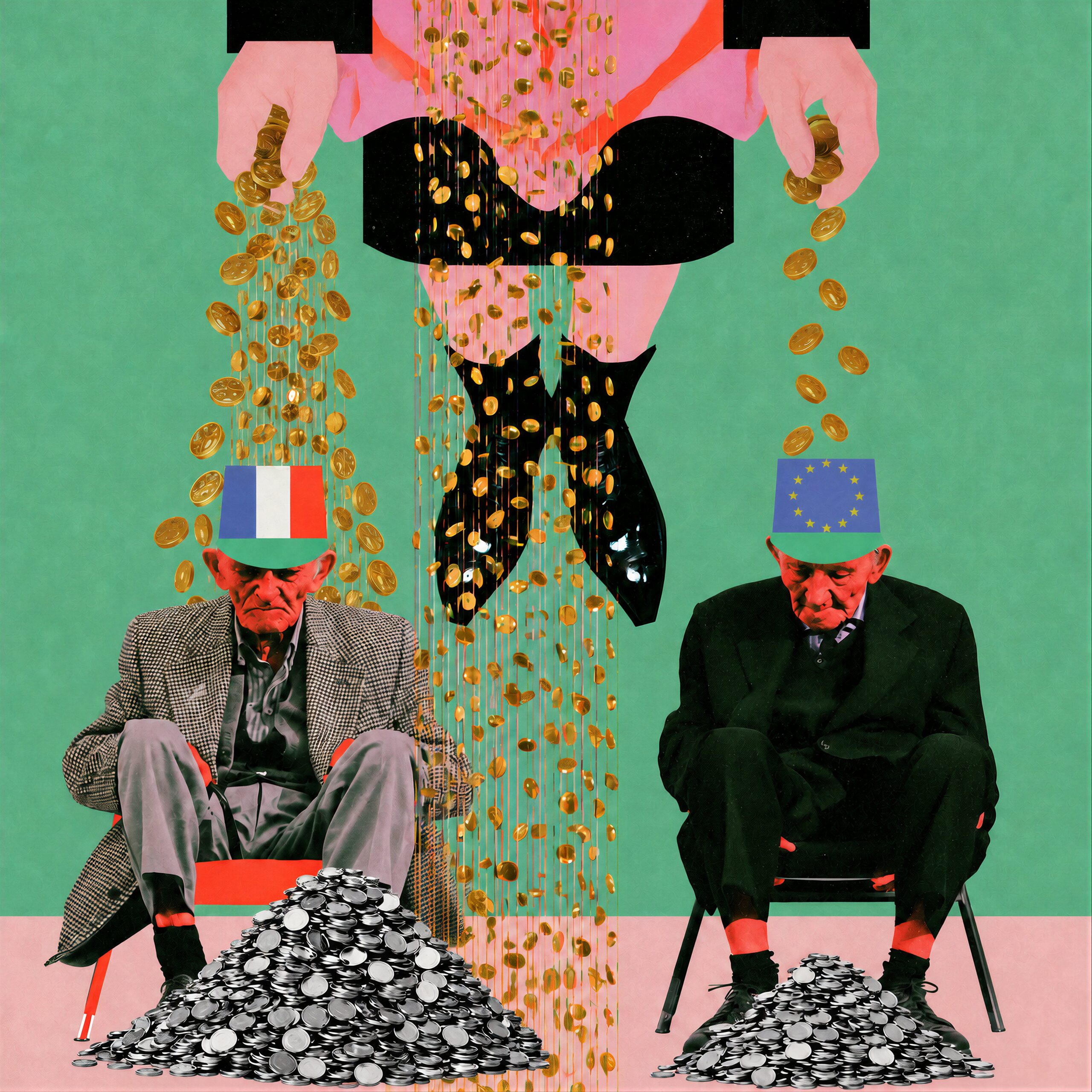 Collage surréaliste montrant une silhouette versant une pluie de pièces dorées sur deux personnes âgées assises