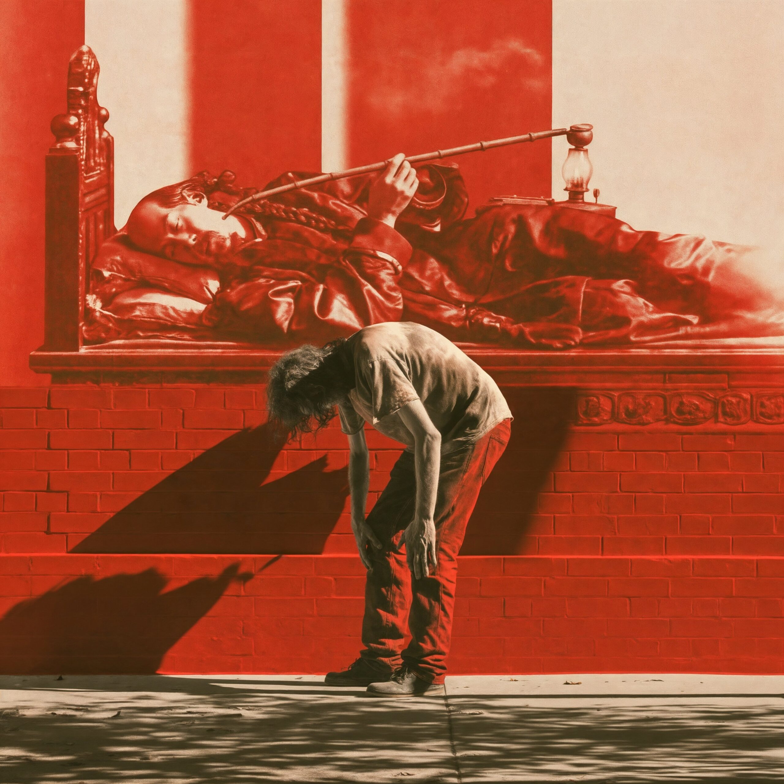 Un homme courbé de fatigue se tient devant une fresque murale rouge représentant un fumeur couché tenant une longue pipe.