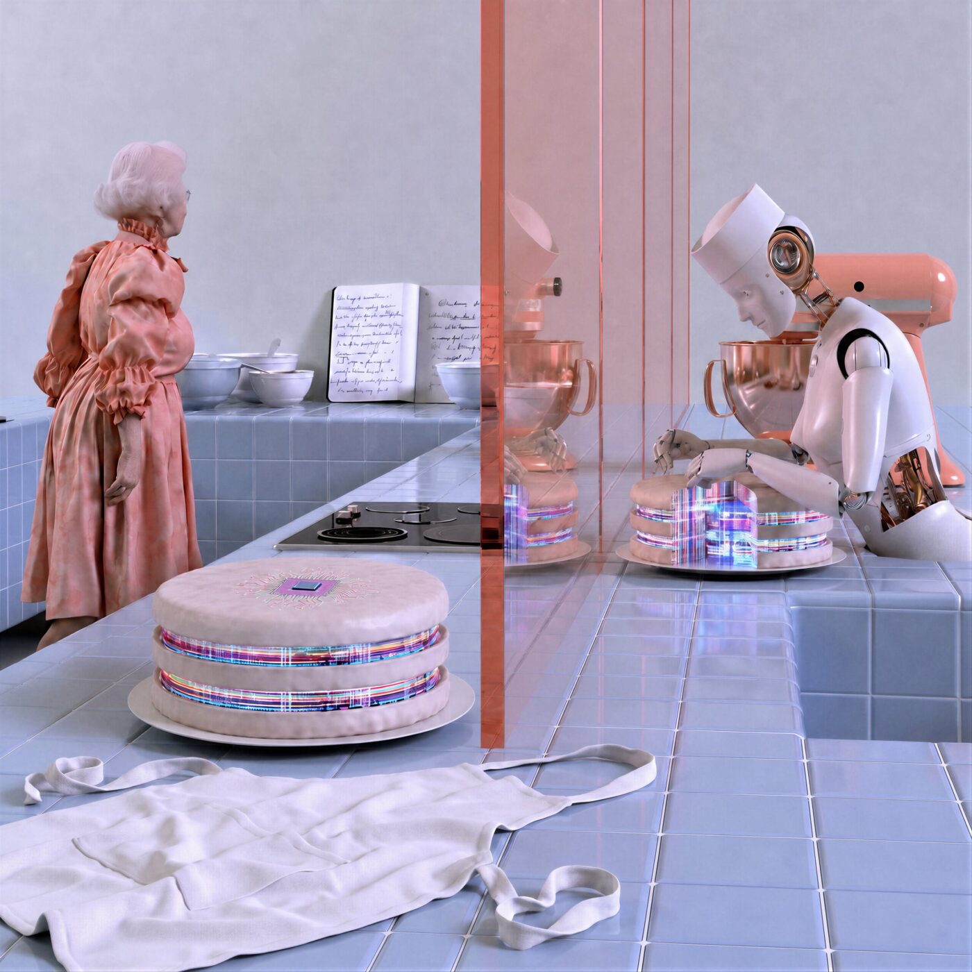 Une femme âgée et un robot humanoïde préparent des gâteaux futuristes dans une cuisine carrelée pastel.