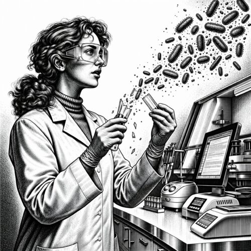 Gravure en noir et blanc d'une scientifique observant un tube à essai brisé libérant des microbes.