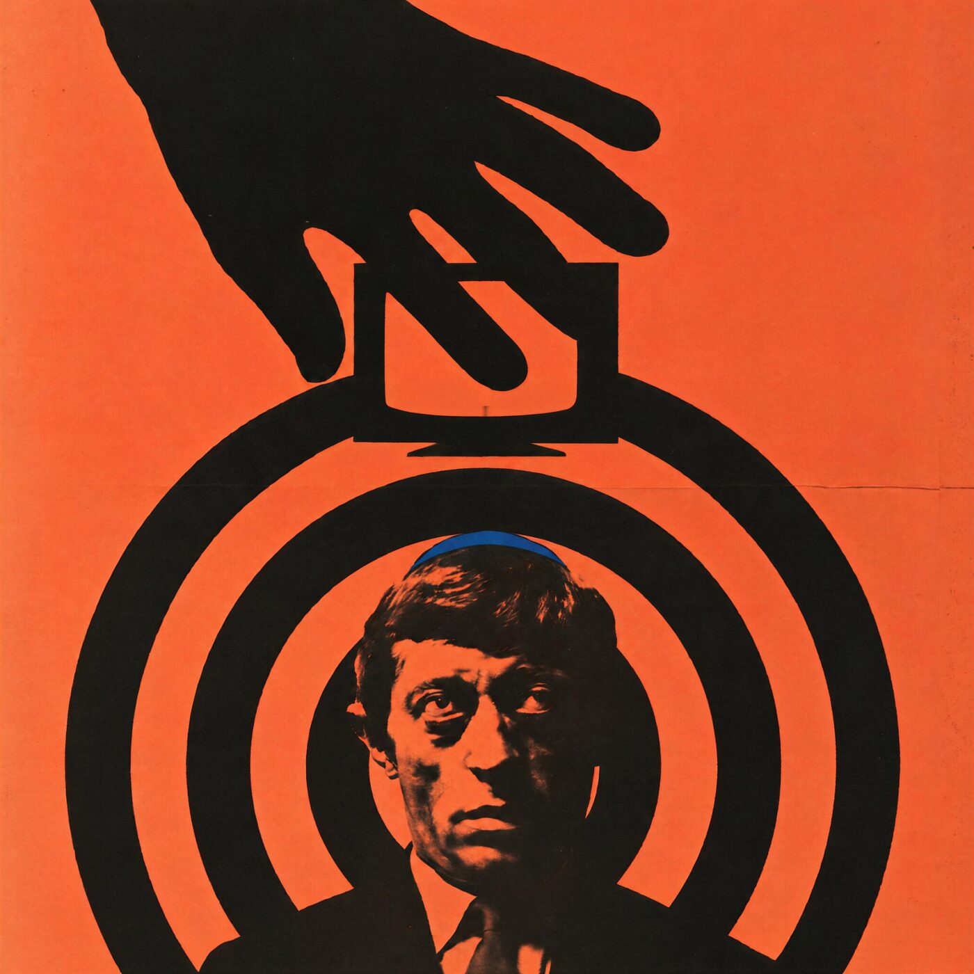 Affiche graphique sur fond orange représentant un homme anxieux entouré d'ondes circulaires, surmonté d'un téléviseur et d'une main menaçante.