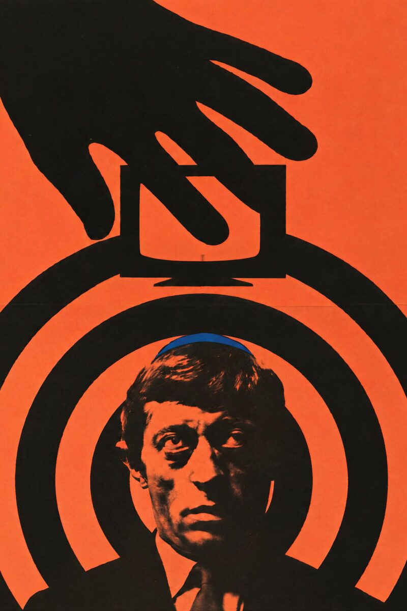 Affiche graphique sur fond orange représentant un homme anxieux entouré d'ondes circulaires, surmonté d'un téléviseur et d'une main menaçante.