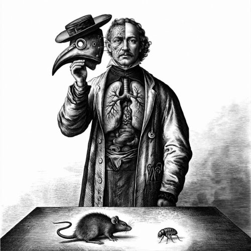Gravure médicale montrant un médecin tenant un masque de peste au-dessus d'un rat et d'une puce.