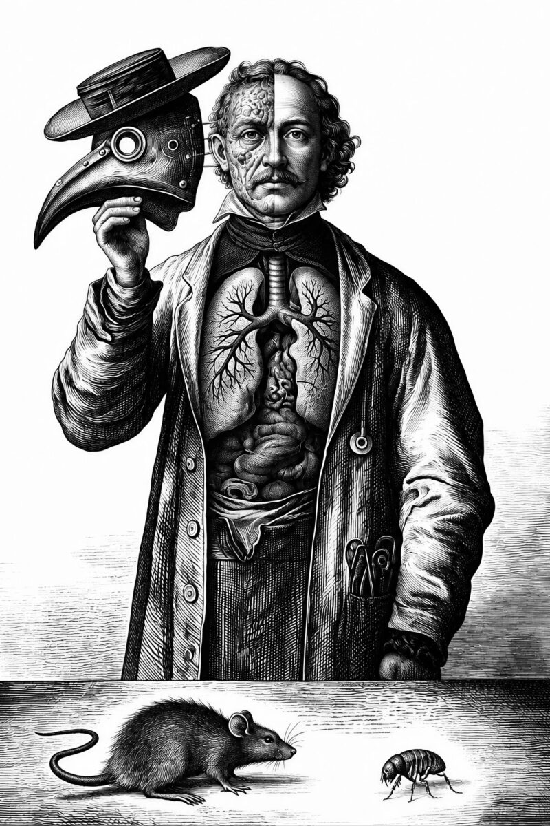 Gravure médicale montrant un médecin tenant un masque de peste au-dessus d'un rat et d'une puce.