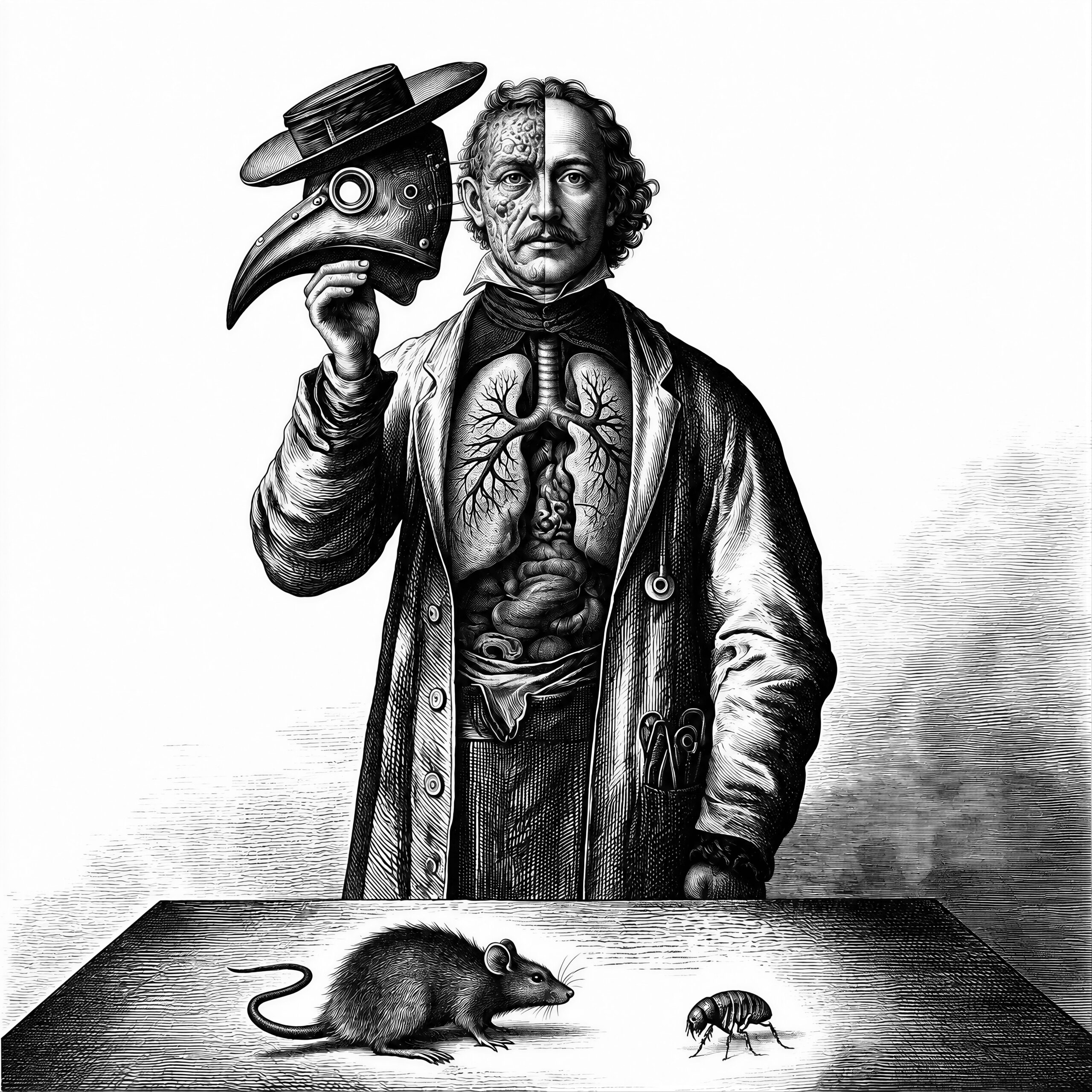 Gravure médicale montrant un médecin tenant un masque de peste au-dessus d'un rat et d'une puce.