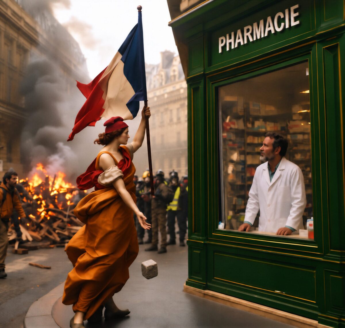 Céleste vêtue en Marianne brandit le drapeau français devant une pharmacie parisienne lors d'une manifestation