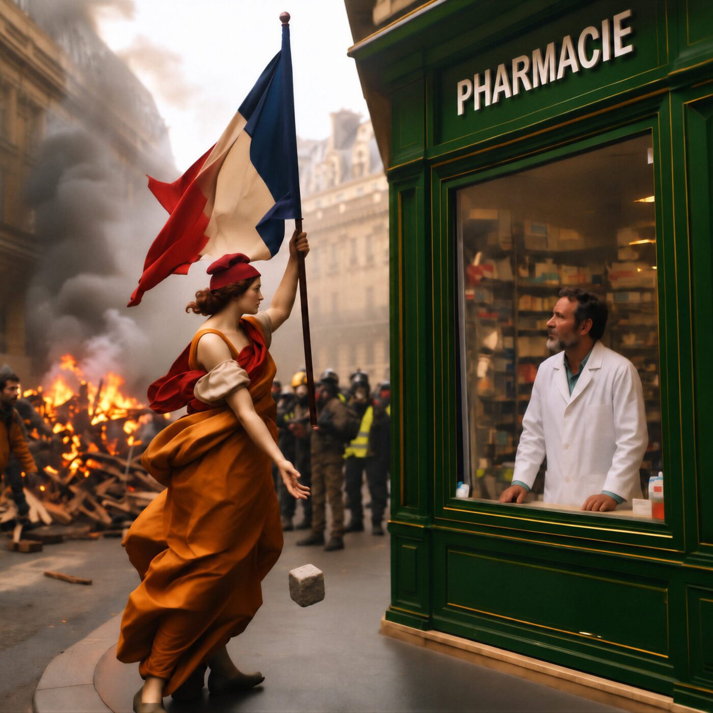 Céleste vêtue en Marianne brandit le drapeau français devant une pharmacie parisienne lors d'une manifestation