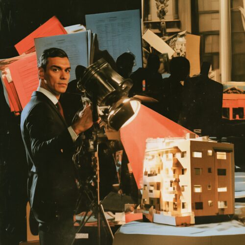Un homme en costume dirige un projecteur de cinéma vers une maquette d'immeuble.