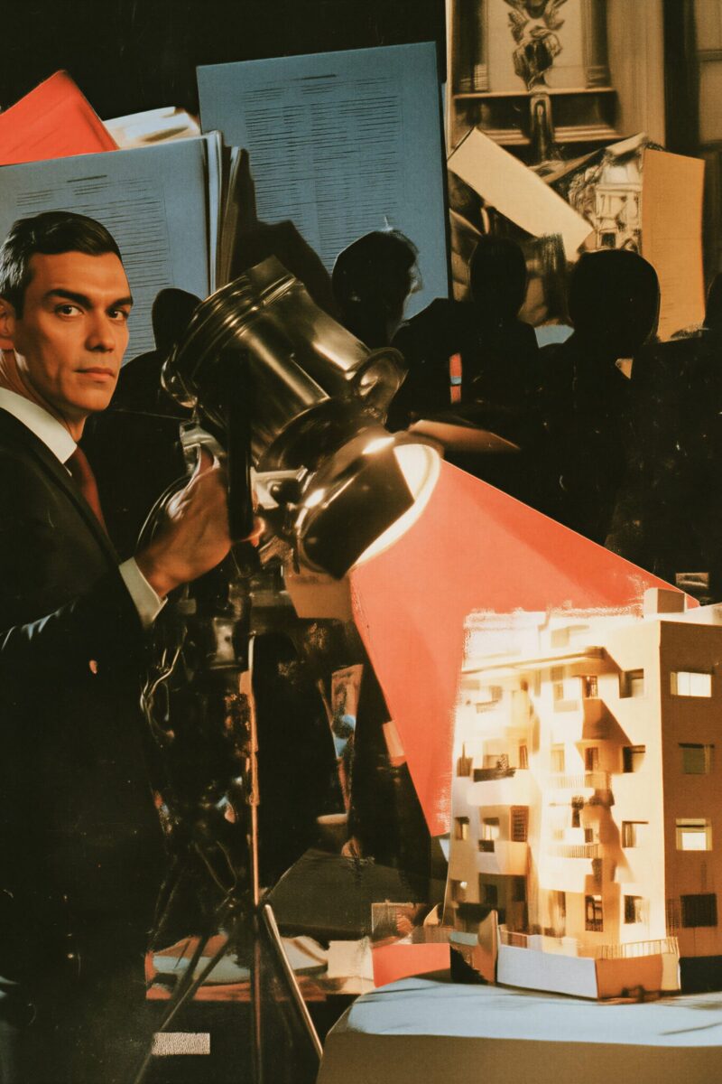 Un homme en costume dirige un projecteur de cinéma vers une maquette d'immeuble.