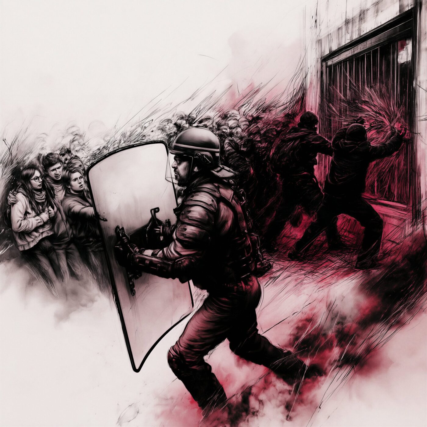 Illustration dramatique d'un policier antiémeute muni d'un bouclier s'interposant lors de violences urbaines.