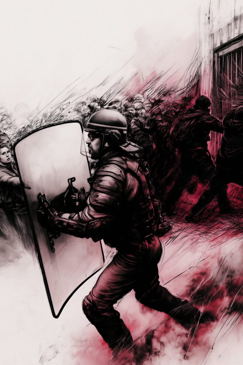 Illustration dramatique d'un policier antiémeute muni d'un bouclier s'interposant lors de violences urbaines.