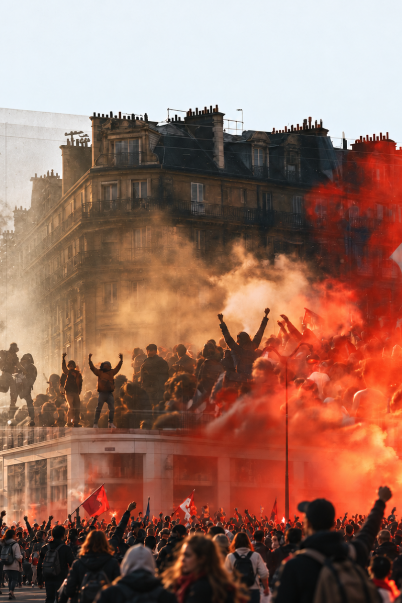 Manifestation animée dans une avenue parisienne avec des fumigènes rouges et une incrustation en relief en forme de cube.