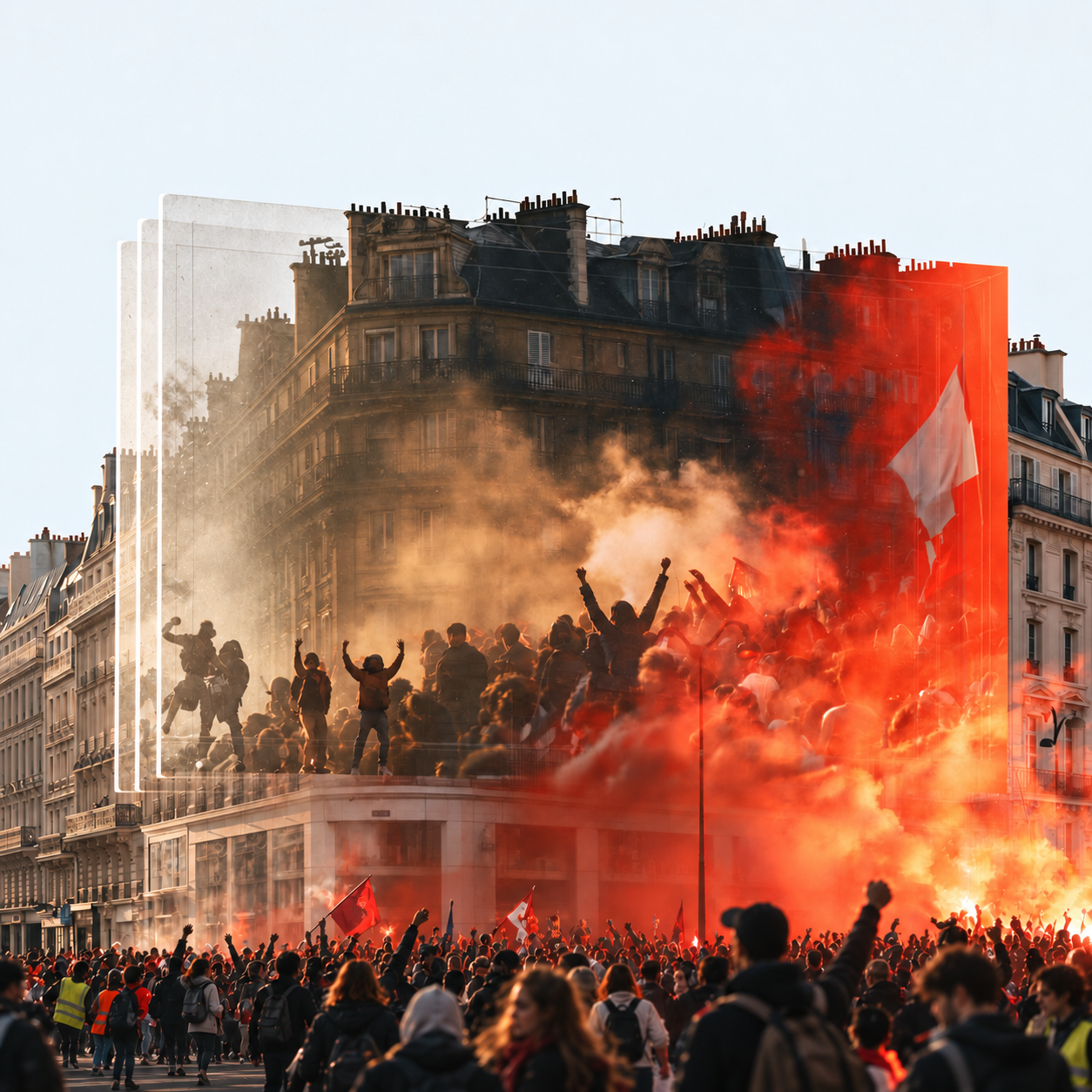 Manifestation animée dans une avenue parisienne avec des fumigènes rouges et une incrustation en relief en forme de cube.