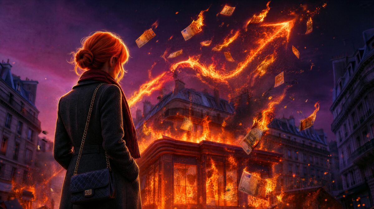 Céleste de dos observe un bâtiment en feu d'où s'élèvent des billets d'euros et une flèche de flammes.