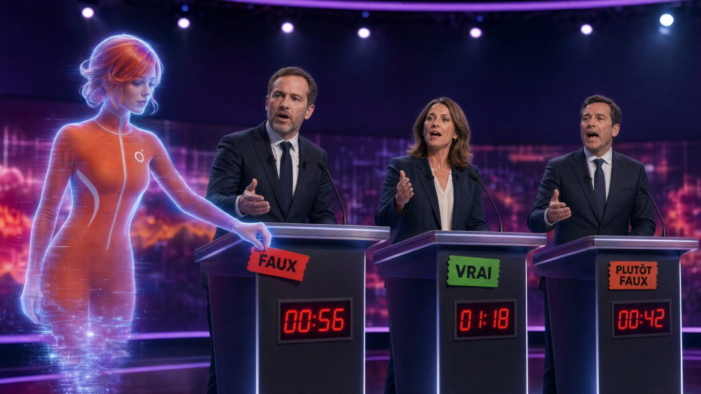 Céleste sous forme d'hologramme évalue les déclarations de trois candidats lors d'un débat politique télévisé.