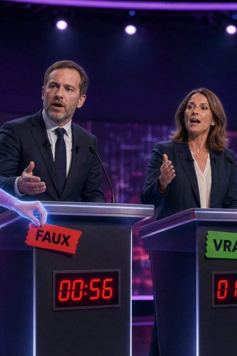Céleste sous forme d'hologramme évalue les déclarations de trois candidats lors d'un débat politique télévisé.