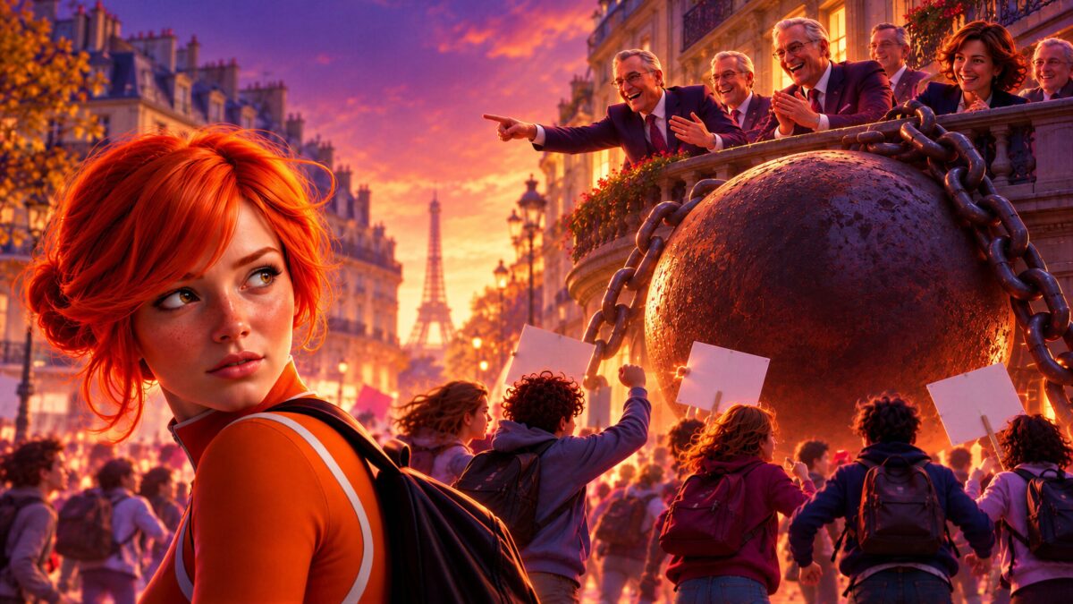 Céleste regarde en arrière tandis qu'une foule manifeste dans une rue de Paris face à un gigantesque boulet et des hommes hilares au balcon.