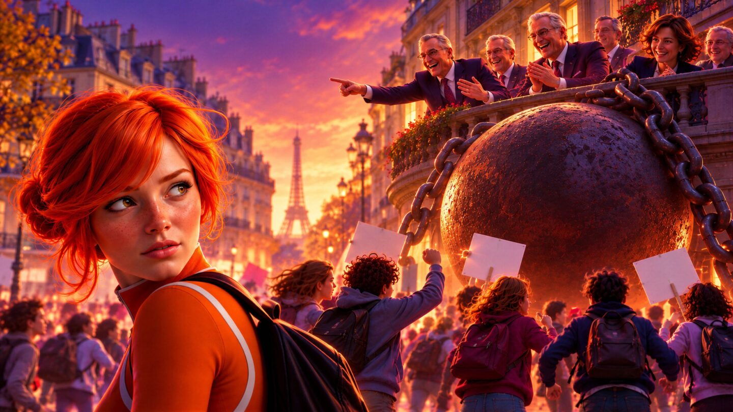 Céleste regarde en arrière tandis qu'une foule manifeste dans une rue de Paris face à un gigantesque boulet et des hommes hilares au balcon.