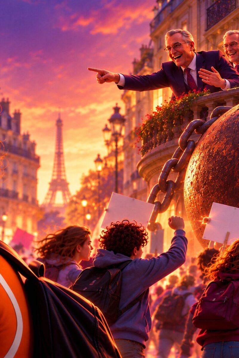 Céleste regarde en arrière tandis qu'une foule manifeste dans une rue de Paris face à un gigantesque boulet et des hommes hilares au balcon.