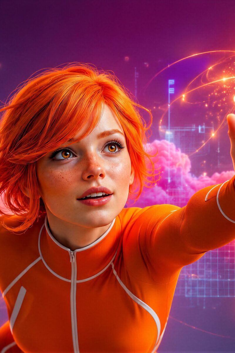 Céleste, jeune femme rousse en combinaison orange, tend la main vers des formules mathématiques lumineuses en lévitation.