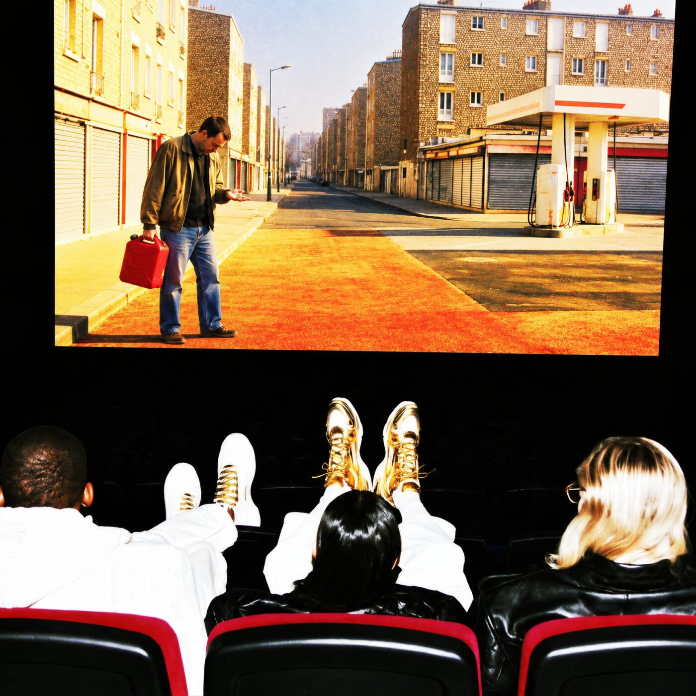 Trois spectateurs assis dans une salle de cinéma sombre regardent un film projeté sur grand écran.