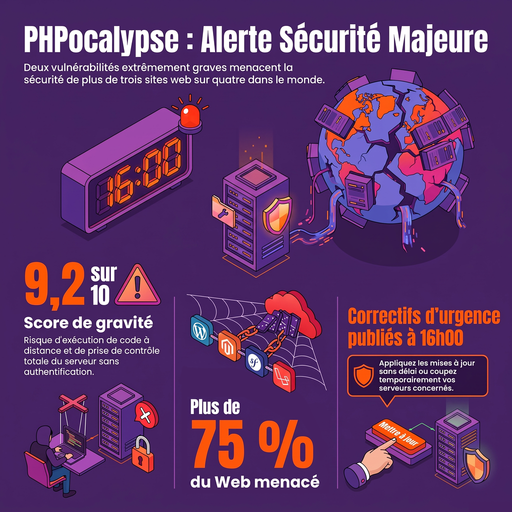 Infographie alertant sur le PHPocalypse, une faille de sécurité majeure notée 9,2 sur 10 menaçant plus de 75 % du Web.