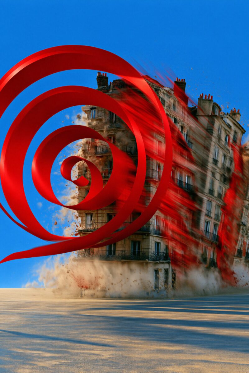 Un homme en costume tire un grand ruban rouge en spirale devant un immeuble haussmannien en démolition.