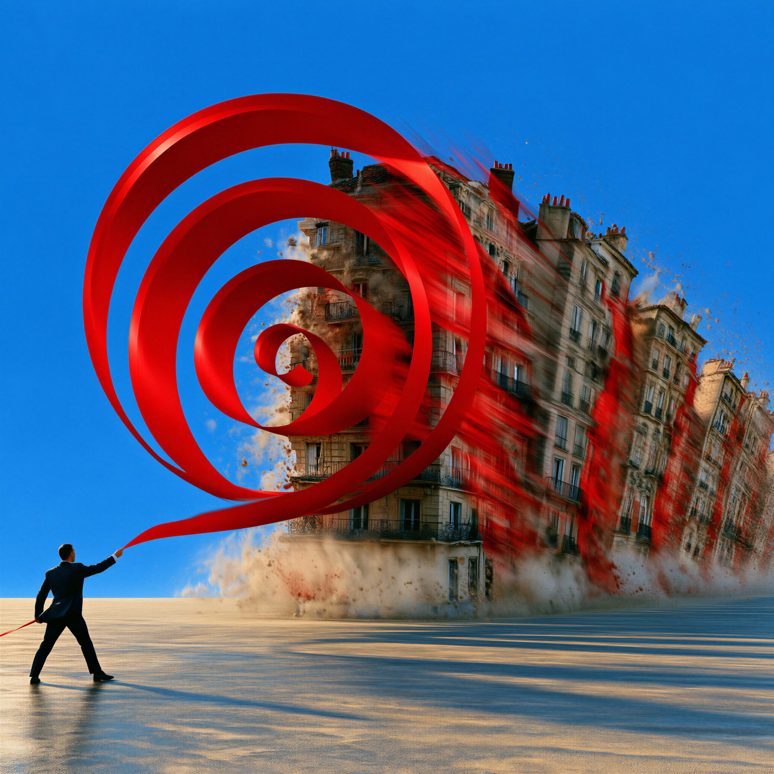 Un homme en costume tire un grand ruban rouge en spirale devant un immeuble haussmannien en démolition.