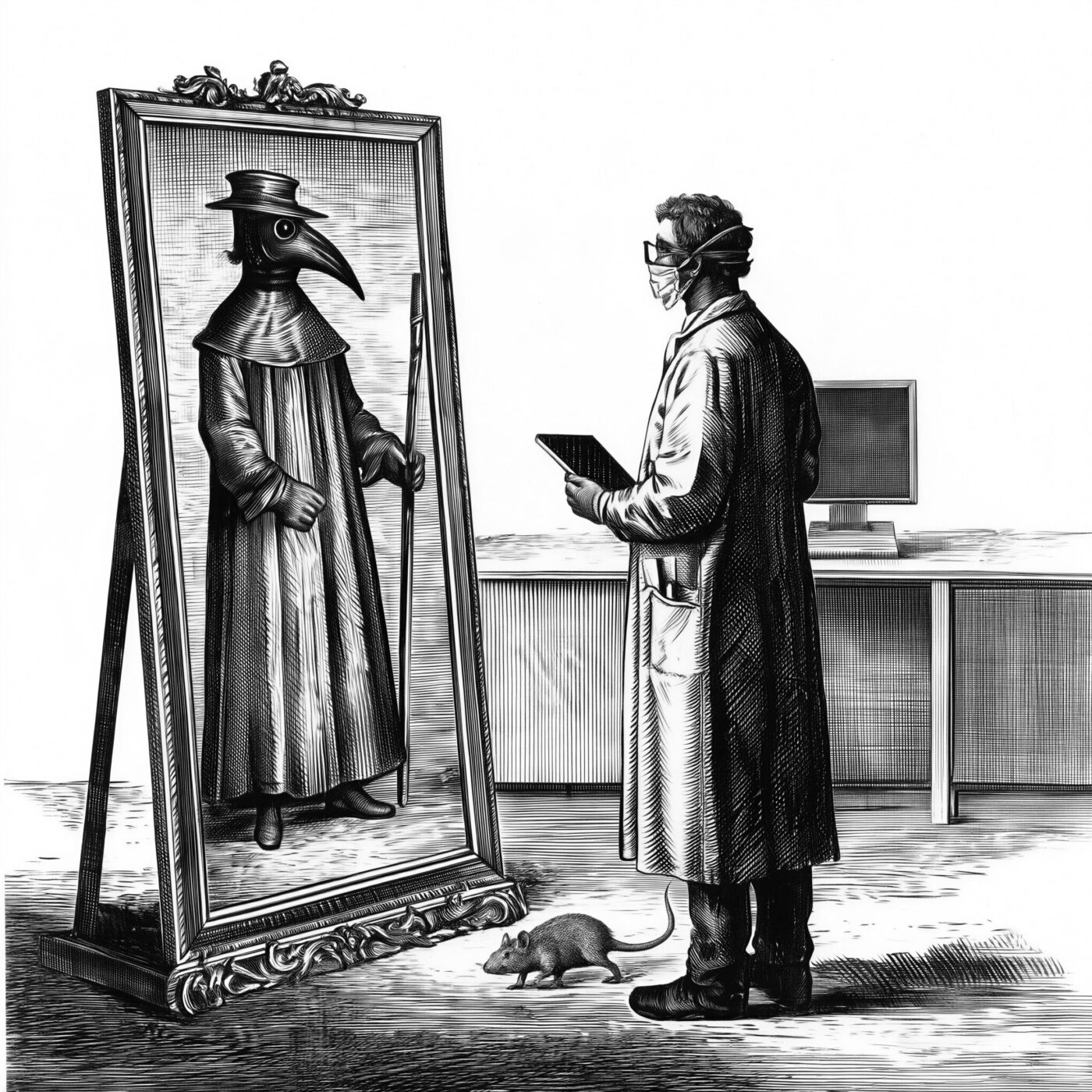 Gravure en noir et blanc d'un médecin moderne masqué observant son reflet qui prend la forme d'un médecin de peste historique.
