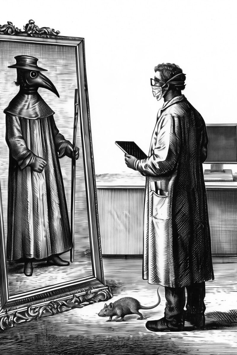 Gravure en noir et blanc d'un médecin moderne masqué observant son reflet qui prend la forme d'un médecin de peste historique.