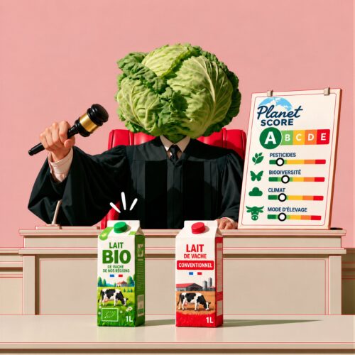 Un juge à tête de chou brandit un maillet face à une brique de lait bio et une brique de lait conventionnel devant un panneau Planet-Score.