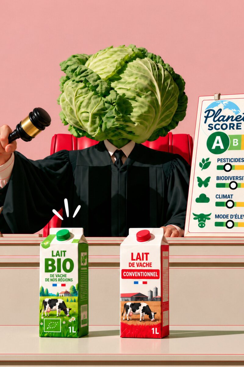 Jugement environnemental du lait Planet-Score Un juge à tête de chou brandit un maillet face à une brique de lait bio et une brique de lait conventionnel devant un panneau Planet-Score.
