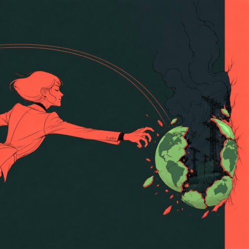 Céleste en tailleur tendant la main vers un globe terrestre qui se brise pour révéler des infrastructures industrielles polluantes.