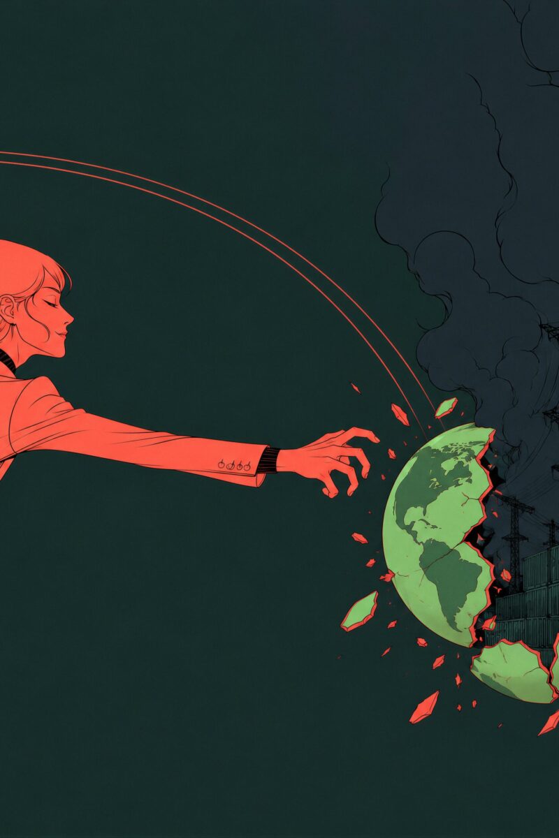 Céleste en tailleur tendant la main vers un globe terrestre qui se brise pour révéler des infrastructures industrielles polluantes.