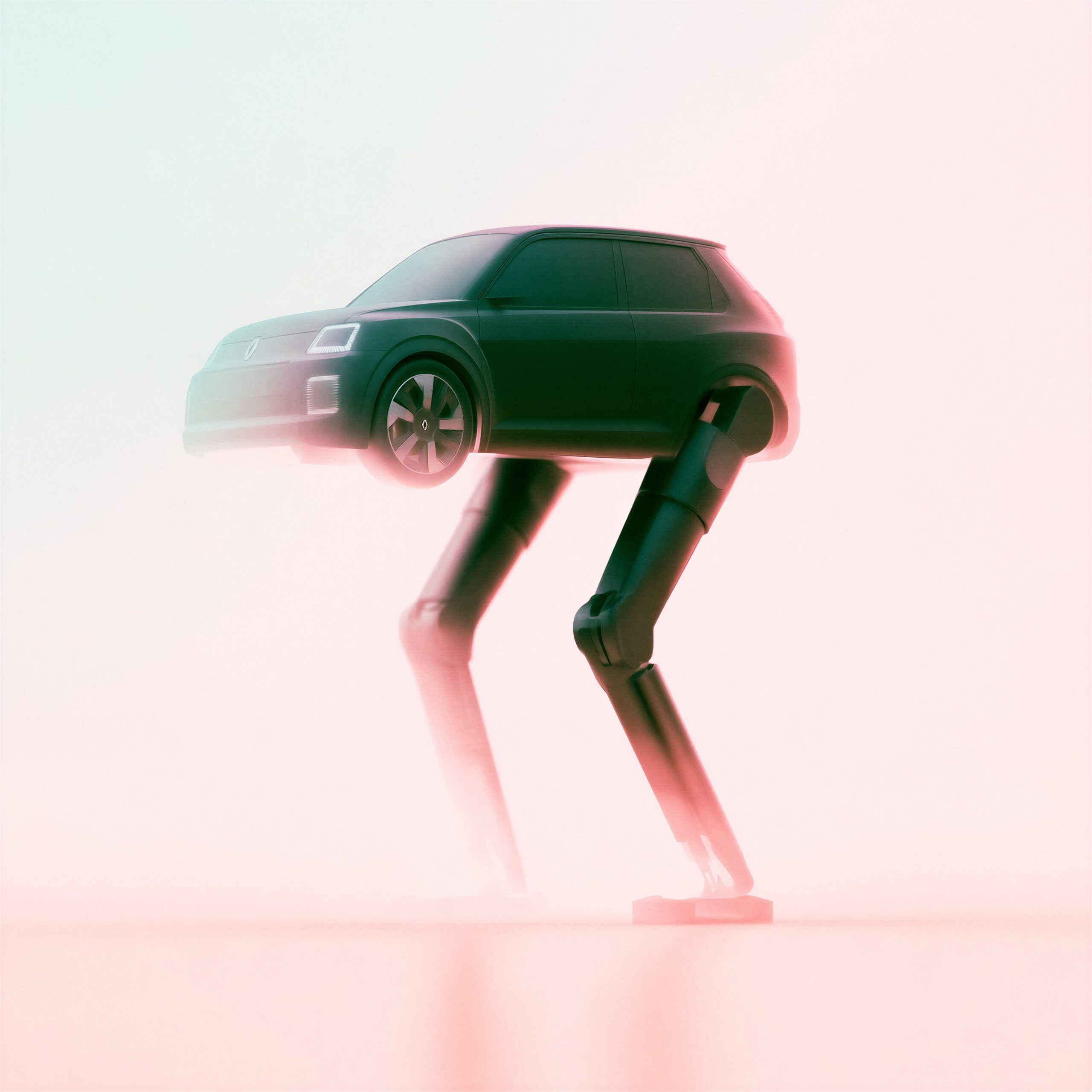 Voiture compacte sombre perchée sur deux longues jambes robotiques bioniques dans une brume rose.