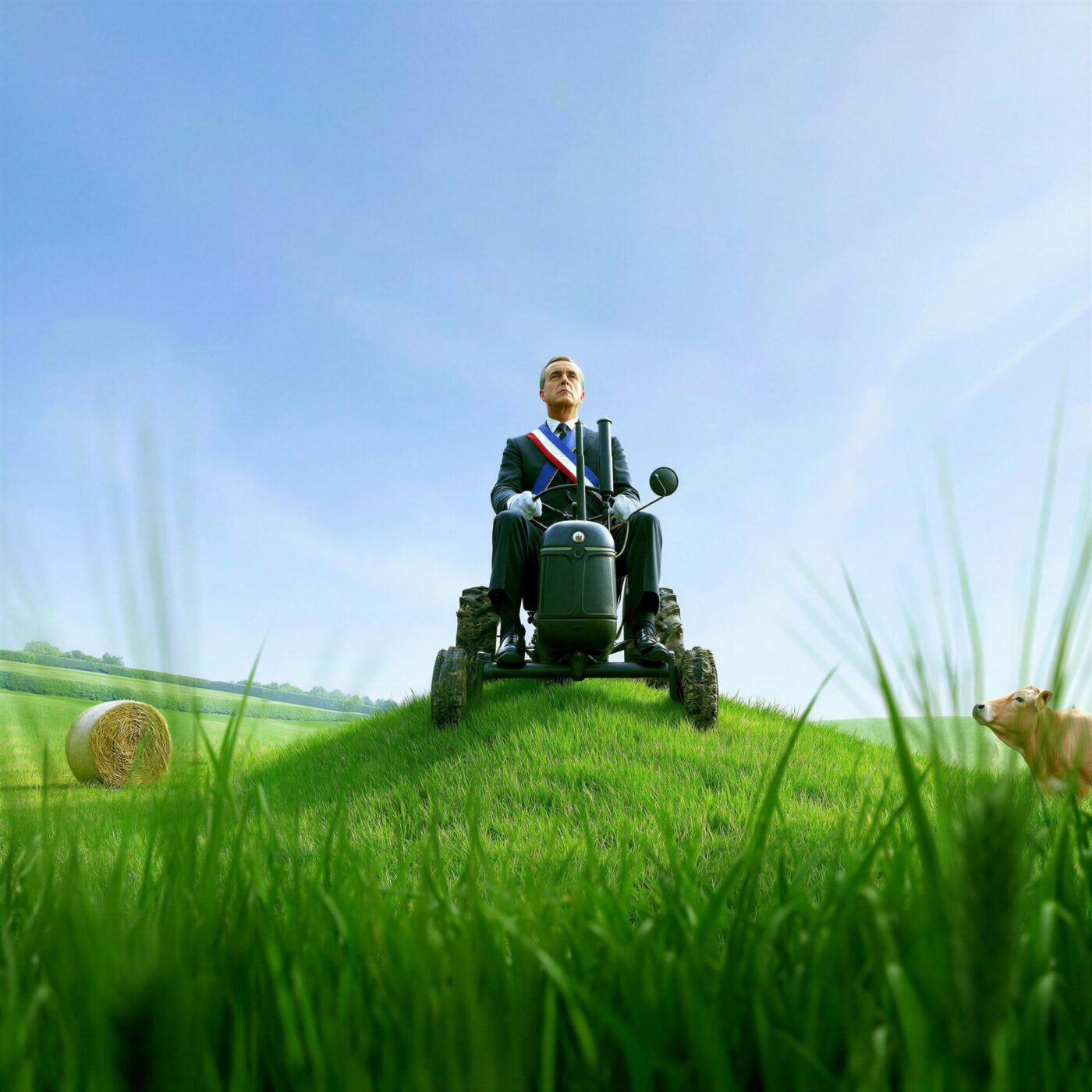 Un homme politique en costume avec une écharpe tricolore conduit un tracteur miniature sur une colline verdoyante.