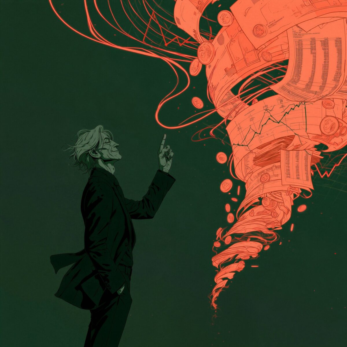 Illustration d'un homme en costume pointant du doigt une tornade rouge de graphiques financiers et de pièces de monnaie.