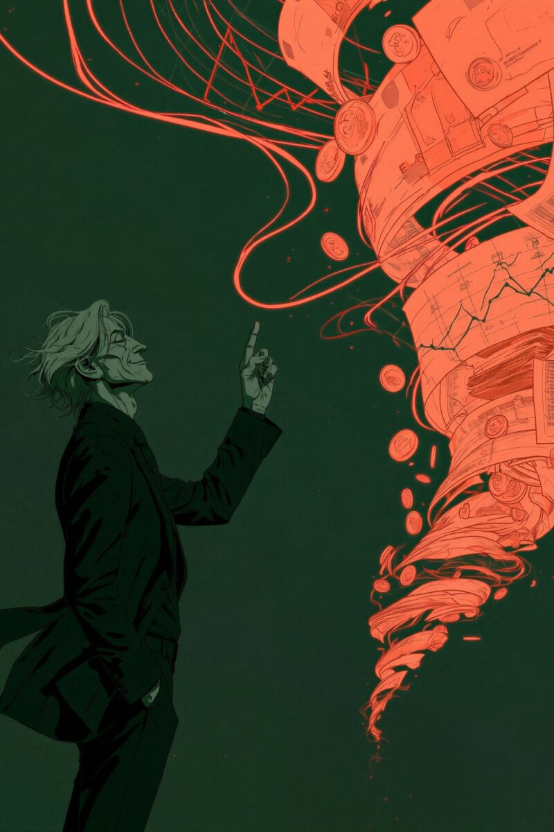 Illustration d'un homme en costume pointant du doigt une tornade rouge de graphiques financiers et de pièces de monnaie.