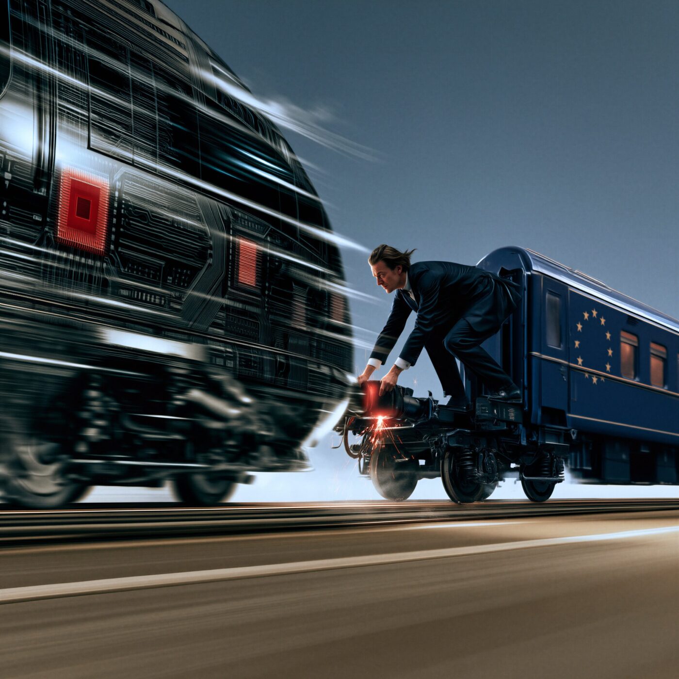 Un homme d'affaires tente d'accrocher un wagon aux couleurs de l'Union européenne à un train technologique ultra-rapide.