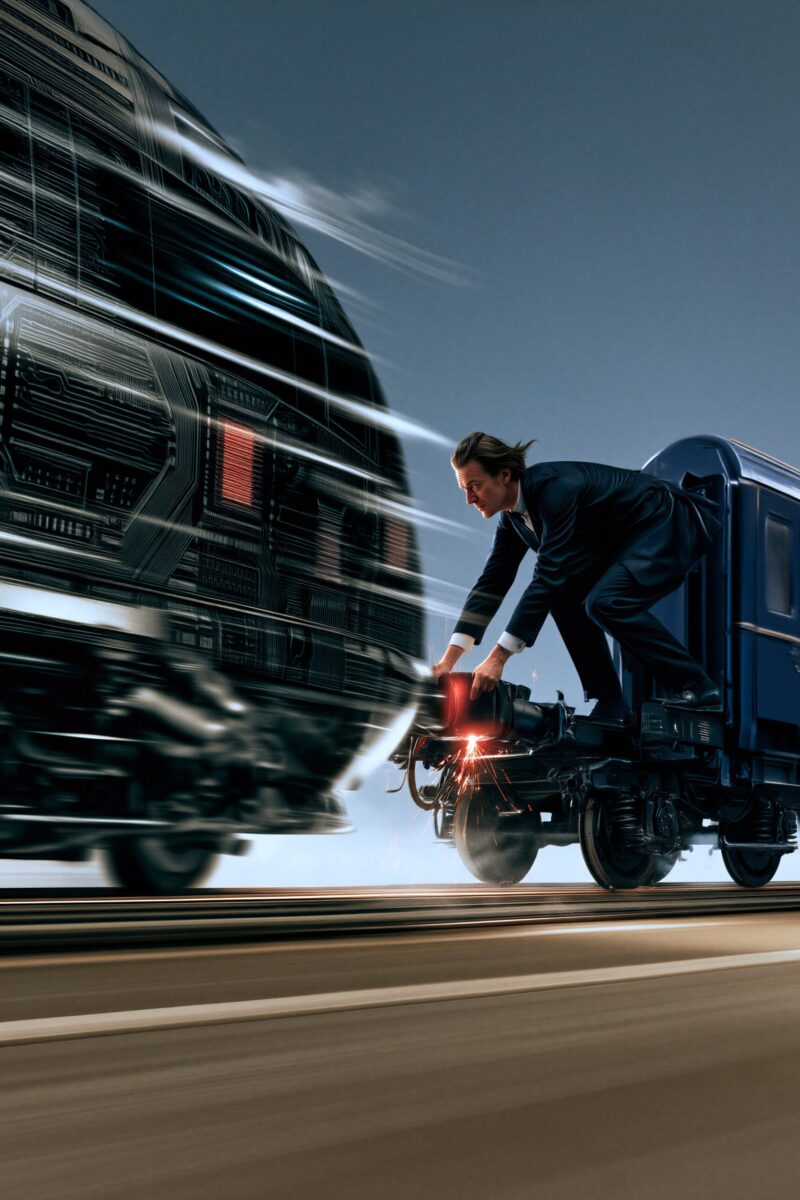 Un homme d'affaires tente d'accrocher un wagon aux couleurs de l'Union européenne à un train technologique ultra-rapide.