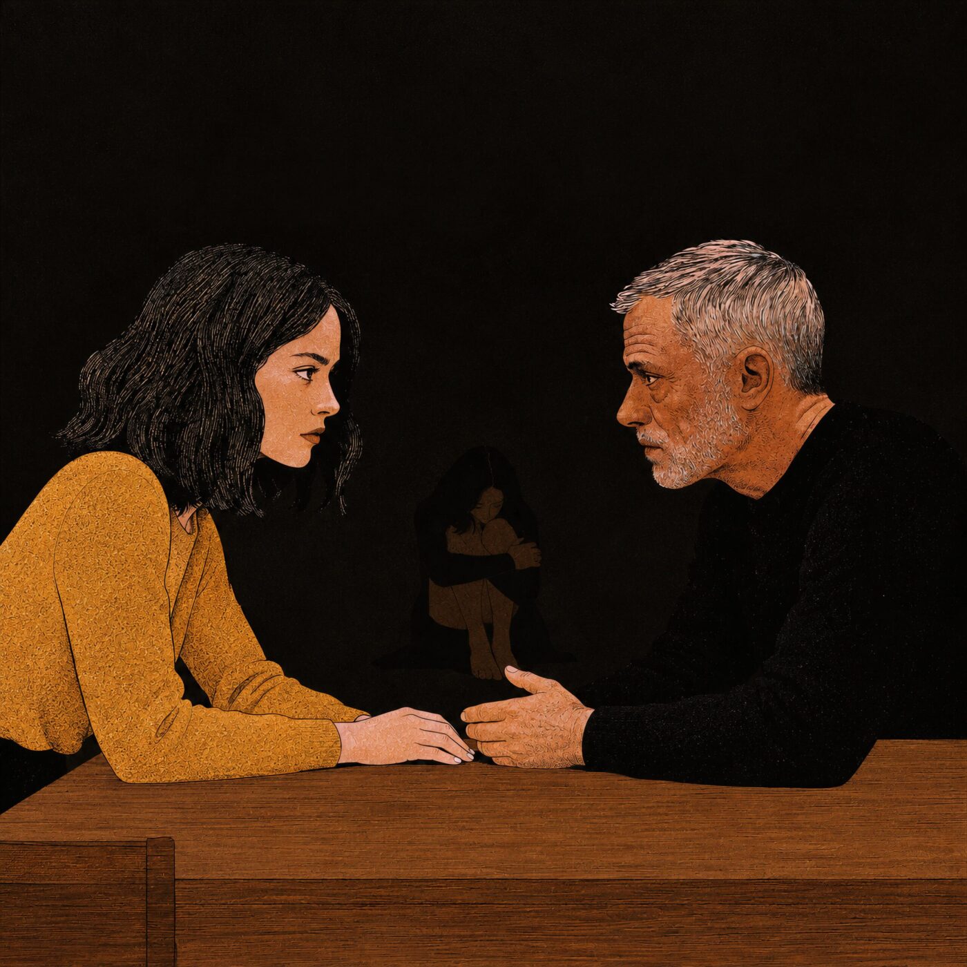 Une jeune femme et un homme aux cheveux gris se font face autour d'une table sur fond noir.