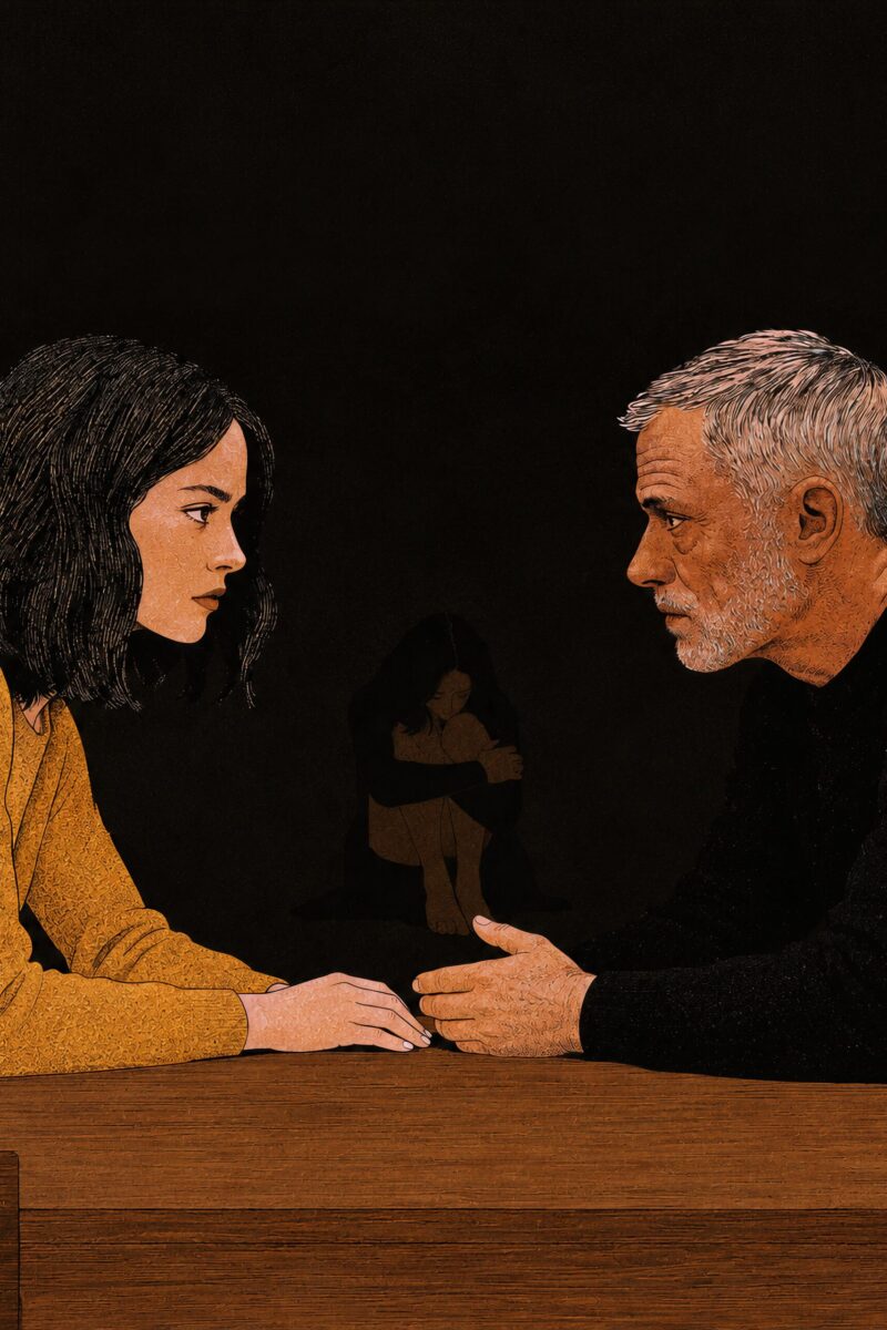 Une jeune femme et un homme aux cheveux gris se font face autour d'une table sur fond noir.